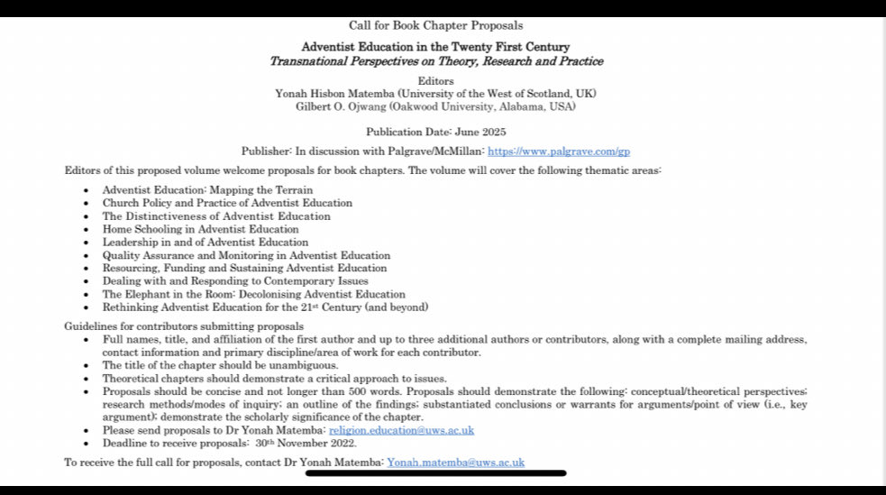 Call for book chapter proposals: Adventist Education in the 21st Century