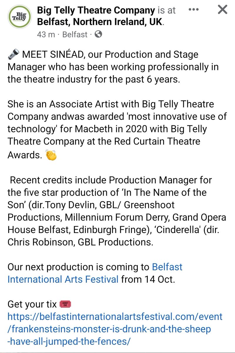 How wonderful to see one of our past pupils <a href="/SineadOwens_/">Sinéad Owens</a>  keeping busy &amp; showcasing her creativity and talents as production and stage manager with Northern Ireland's theatre community. Her next job will be working with the visceral <a href="/BigTellyNI/">Big Telly Theatre Company</a> 
<a href="/BelfastFestival/">Belfast International Arts Festival</a>
