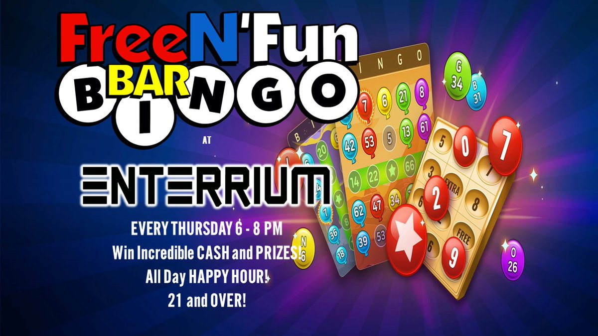 Get your cards and markers ready!! FREE BINGO THURSDAYS! Starting at 6pm in our E Lounge! Take advantage of our All Day Happy Hour!! #freebingo #experienceenterrrium #happyhour #bingo #fnfbingo