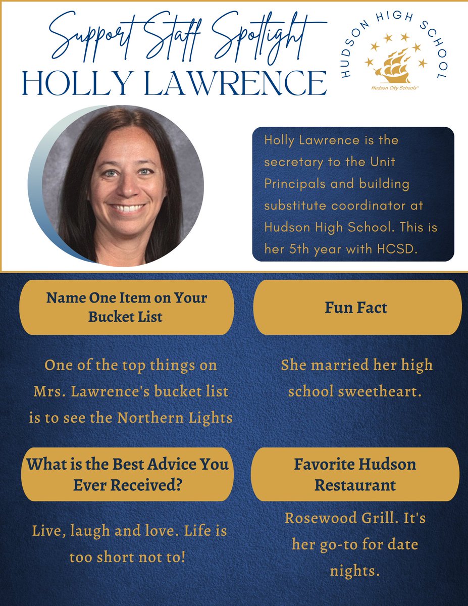 hudsonohschools's tweet photo. Today's Staff Support Spotlight takes us to HHS, and a familiar face in the main office. https://t.co/x1cgsFq9uw