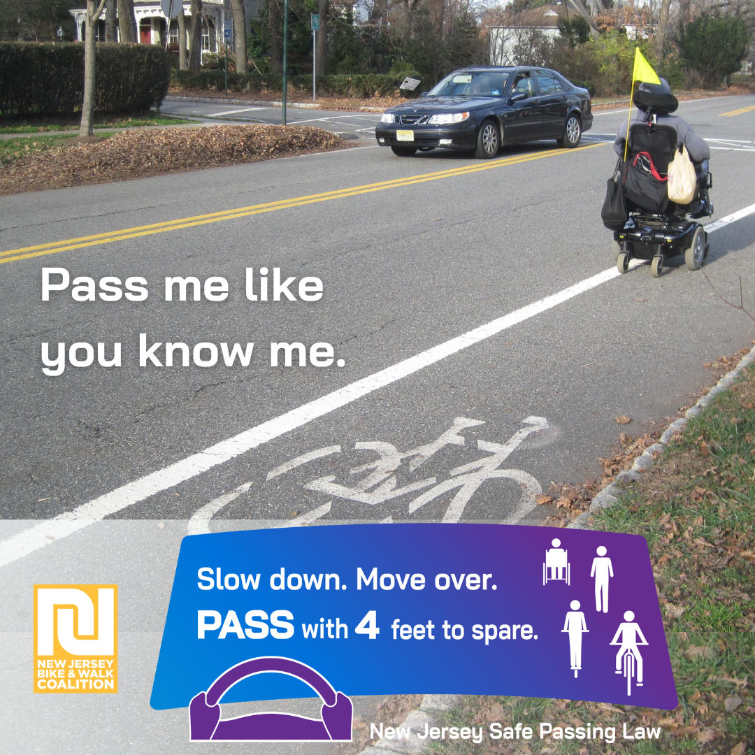 The NJ Safe Passing Law provides rules of the road for motorists, including keeping a safe distance of 4 feet when possible. Learn how to pass people sharing the road safely. Learn more at njbwc.org/safepass4nj/. #SafePass4NJ