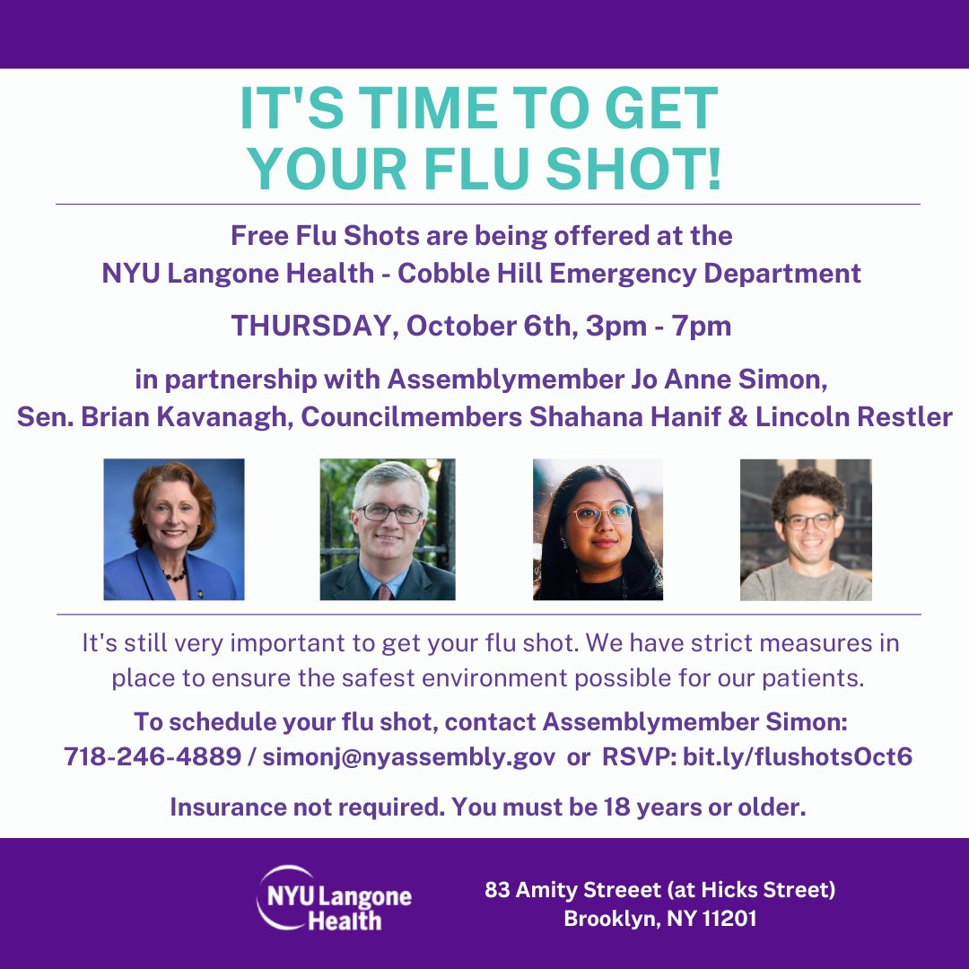 JoAnneSimonBK52's tweet photo. Get Your Flu Shot!
Thurs. 10/6 from 3-7pm, I'm partnering with @nyulangone, @CMRestler, @CMShahanaHanif &amp; @BrianKavanaghNY to bring free flu shots to the community at the NYU Langone Health Cobble Hill ED (83 Amity St).
RSVP here: https://t.co/33CtQNjpst
Insurance not required. https://t.co/PFrUozN1bF