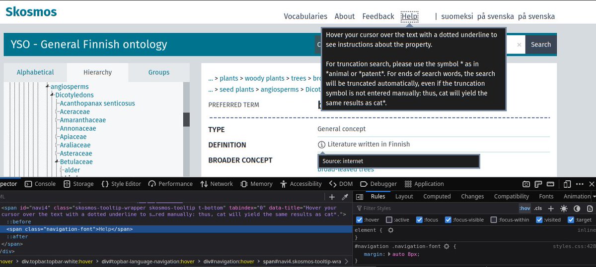 kinow's tweet image. Replaced JQuery qtip2 by pure CSS tooltips in Skosmos (available in their next release 🎉🥳) github.com/NatLibFi/Skosm… #opensource #linkeddata #skos #skosmos #vocabulary #ontologies #semanticweb #javascript #jquery #css #webdev #programming