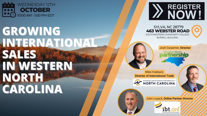 If you're interested in growing international sales in Western North Carolina, come out to Southwestern Community College on 10/12!  Register at conta.cc/3rcqbqh
