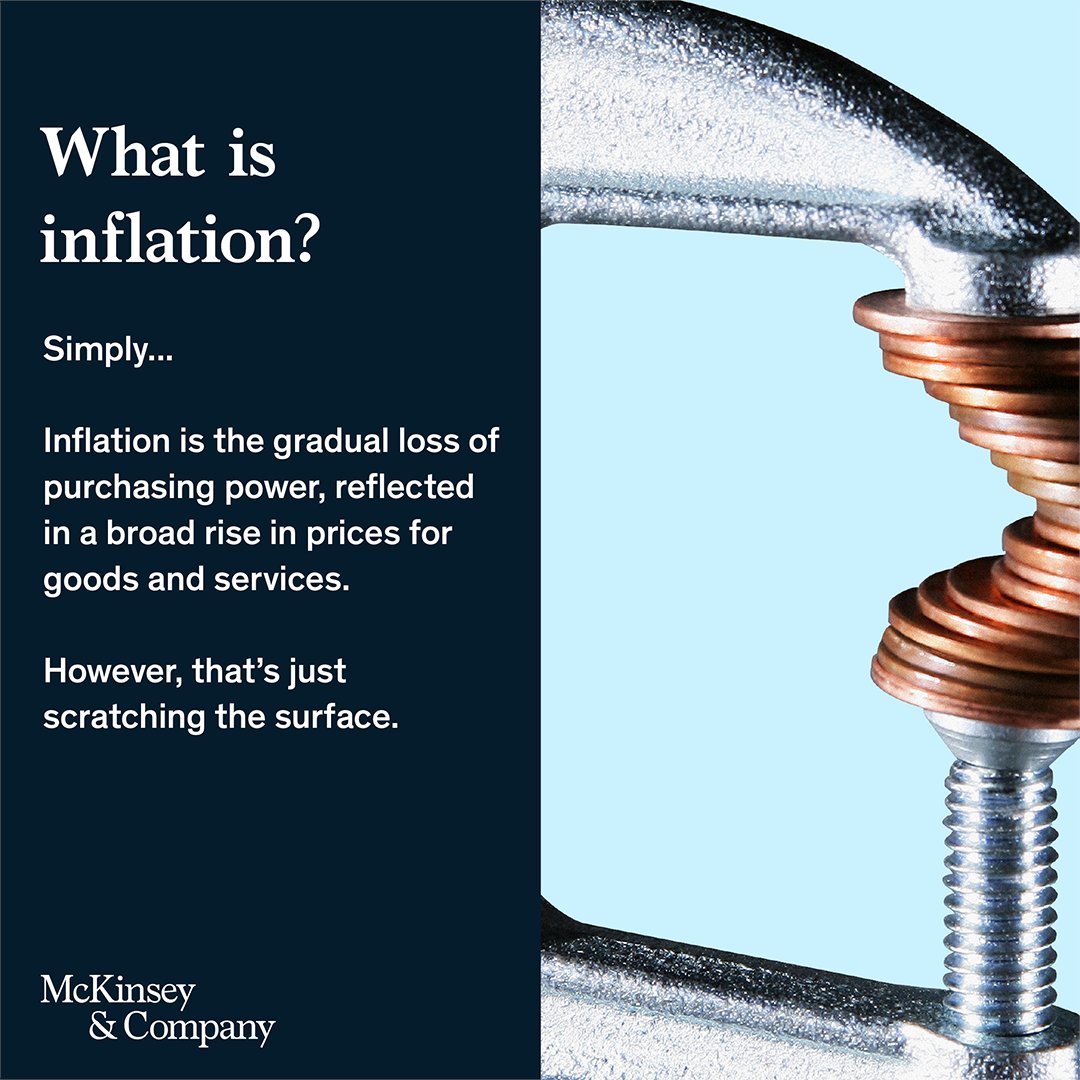 McKinsey's tweet photo. Simple definitions of inflation won't tell you what causes it, how it affects consumers, and how businesses can adapt. Go beyond the basics with our new McKinsey Explainers series:  https://t.co/FmEnFGm6MF

#McKExplainers