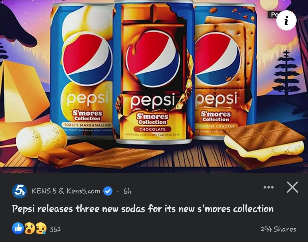 Ketoacidosis's tweet photo. What is this? Am I supposed to buy all 3 and mix them together to get a s'more? I'm not even mad about it being a soda, just the capitalism that made them separate a perfect trio for a cash grab 🤬 https://t.co/SFyPRH7vXv