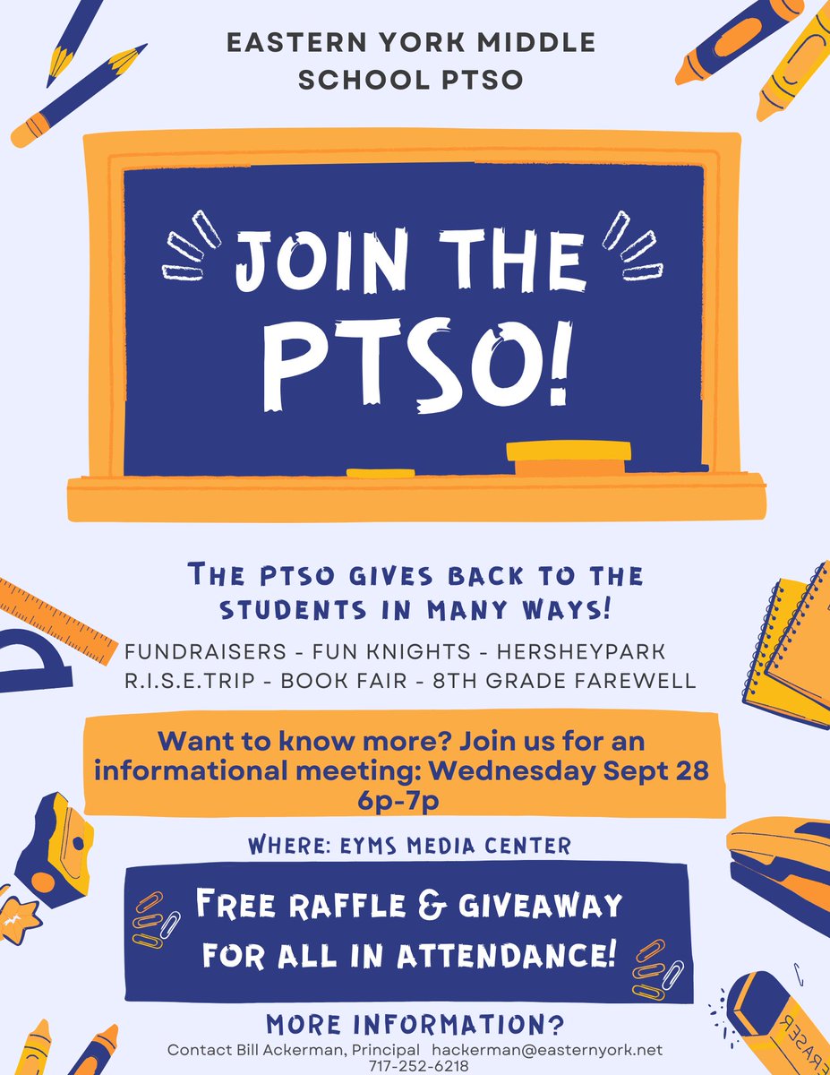 It's almost here: the Middle School PTSO Info Meeting! Free Raffles! Snacks! Great Company! (Did I mention free raffles?)
Wednesday, September 28 6-7p in the Middle School Media Center - see you there! <a href="/EasternYorkSD/">Eastern York </a>