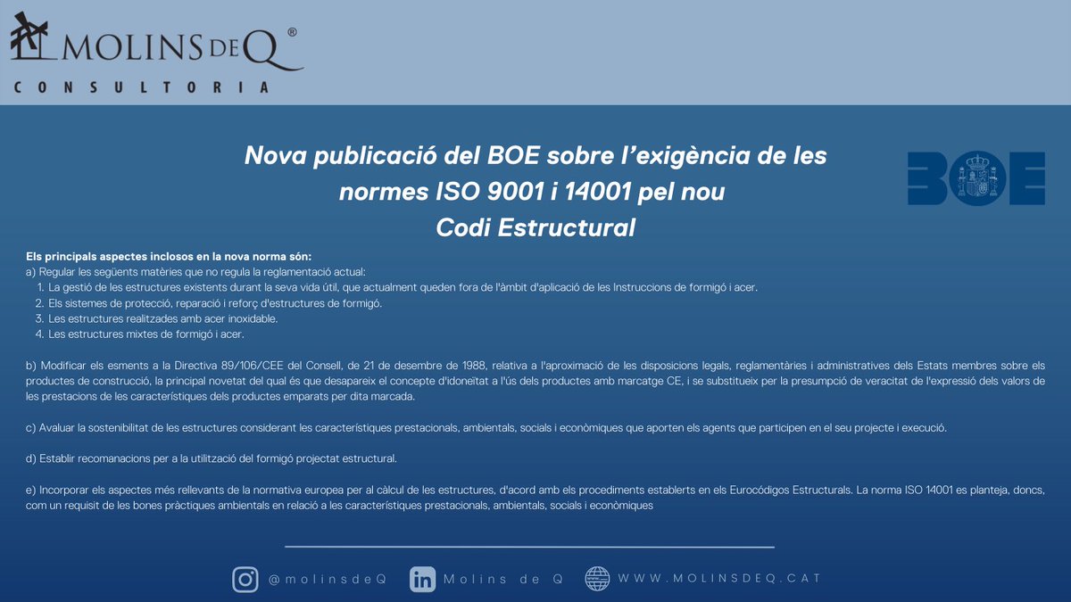 molinsdeQ's tweet image. Aquesta publicació ens proposa al seu article 22 la normativa ISO 9001 per a control d'execució i als articles 14, 78 i 108, la normativa ISO 14001 per a enderrocaments i demolicions.
Us deixem l’enllaç a la publicació oficial: boe.es/eli/es/rd/2021… 
#boe #enderrocs #iso9001