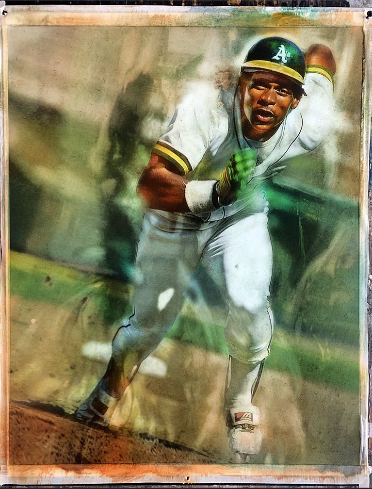 Getting the movement on Rickey Henderson-still ticking away on this 18x24 painting. #MLB #drumtogether
