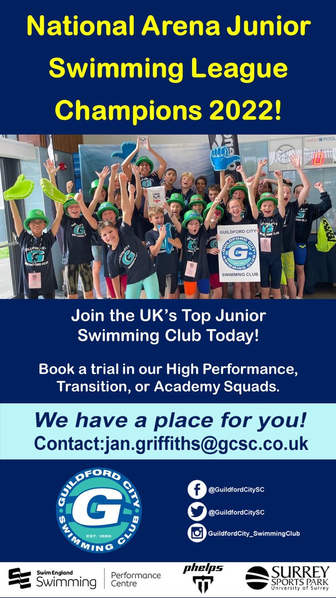 guildfordcitysc's tweet photo. National Arena Junior Swimming League Champions 2022!

Join the UK’s Top Junior Swimming Club Today!

Contact: jan.griffiths@gcsc.co.uk

#GuildfordCitySwimmingClub #SEPerformanceCentres #Team #Surrey #Phelps #KitKabin #Swimming https://t.co/YL9UWRMGeD