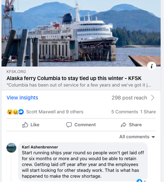 FerriesMoveAK's tweet photo. Without year round service, we can't keep year round crew. Dunleavy's campaign/admin staff can scapegoat Alaska workers all they want but facts are facts. https://t.co/RQDqla3i9w