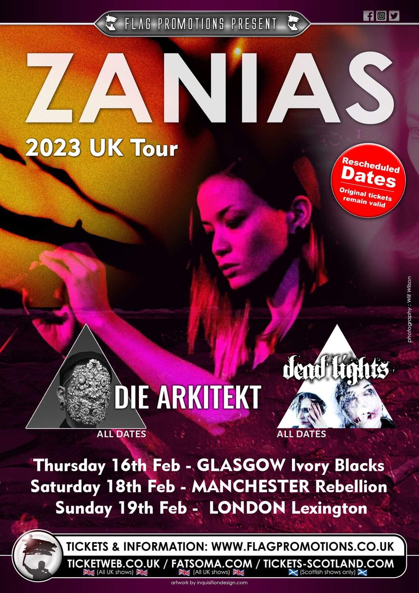 Apologies to all that were going to see #Zanias this week, most know this was due to Alison’s Passport being held up by the US Embassy, so they were unable to travel! Tickets remain valid for Feb 2023, keep the faith! CU in Feb! #DeadLights #diearkitekt #flagpromotions