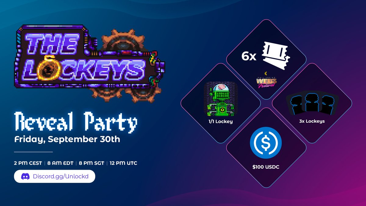 Unlockd_Finance's tweet photo. Save the date: Sep 30, #TheLockeys Reveal Party🎉

The Unlockd community will gather to have a good time, talk about the future and reveal all NFT traits.

Partners, Key Supporters and special guests will join us!

🔔 Set reminder 👉 https://t.co/rjxLMTToV4

And there's more 🧵👇 https://t.co/Msy3ZF72DK