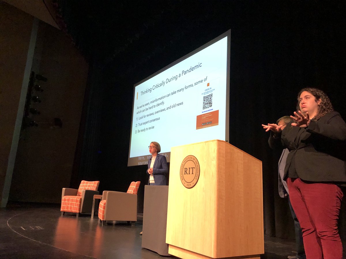 RITProvost's tweet photo. Wonderful lecture by Dr. Cailin O’Connor on sources of pandemic misinformation and how to combat them.  Part of the Fram Signature Lecture Series at ⁦RIT.  ⁦ https://t.co/7Bzfc8Sgpa