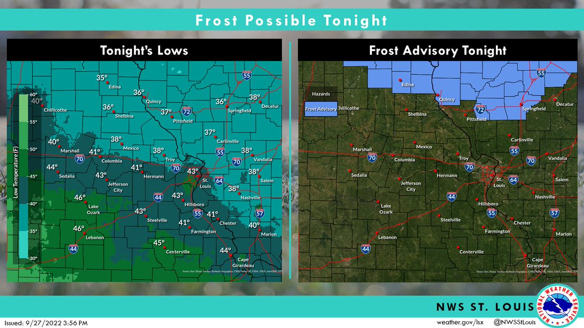 Several locations will see lows drop into the upper 30s tonight, with portions of northeastern Missouri and west-central Illinois seeing values in the mid-30s. Here, a Frost Advisory has been issued tonight through Wednesday morning. #stlwx #mowx #ilwx