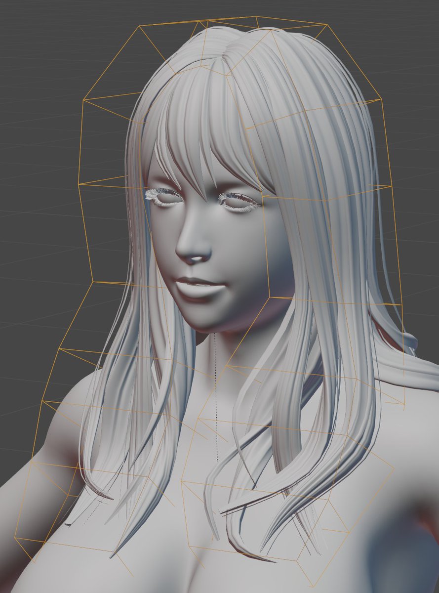 髪の束部分を別オブジェクトに分離。
メッシュで髪の束を覆うようにケージを作成。
髪の束にメッシュ変形モディファイアを追加、ケージを指定、バインド。
ケージとアーマチュアをペアレントしボーンのウェイトを割当。
これで少ないボーンの動きで髪の束が重なることなく動かせる。 