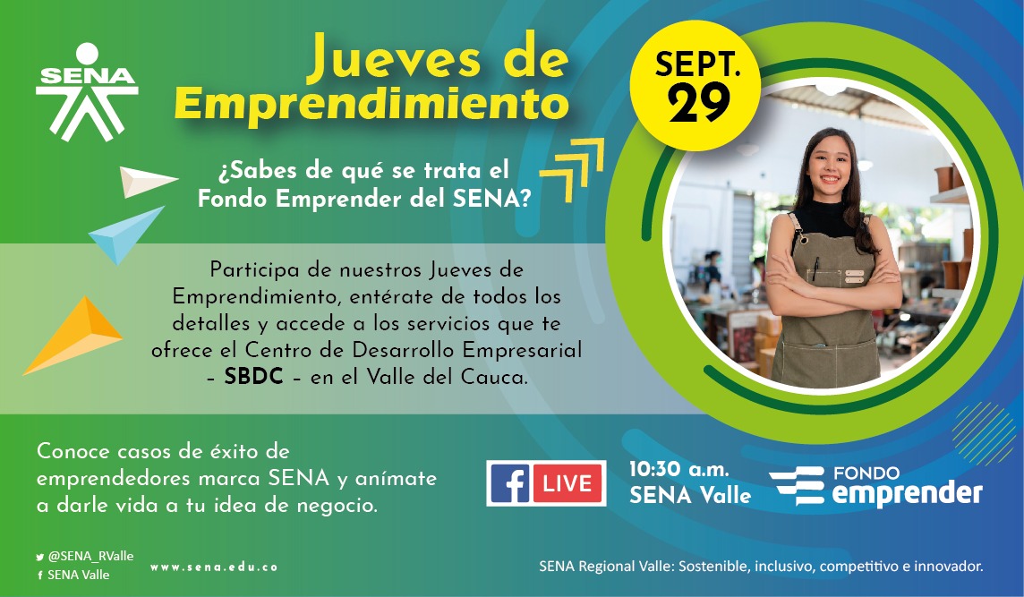 SENA_RValle's tweet photo. Los Jueves de Emprendimiento están de regreso en el @SENA_RValle. Agéndate y participa el próximo jueves 29 de septiembre, a las 10:30 a.m., de nuestro #FBLive, en donde podrás conocer todo sobre el Fondo Emprender y lo que necesitas para darle vida a tu idea de negocio. https://t.co/nKpG9C5t5H