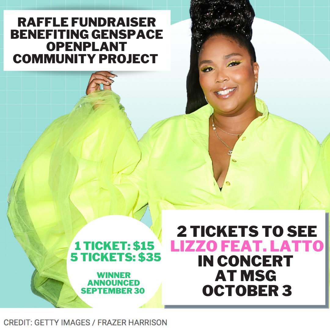 genspacenyc's tweet photo. Enter for your chance to win 2 tickets so see Lizzo live in concert on October 3rd at 8pm! Proceeds raised will go directly towards research supplies for our OpenPlant community Project.

Purchase Raffle tickets here: https://t.co/yY8VSdnWuZ https://t.co/mgueWRHuTK
