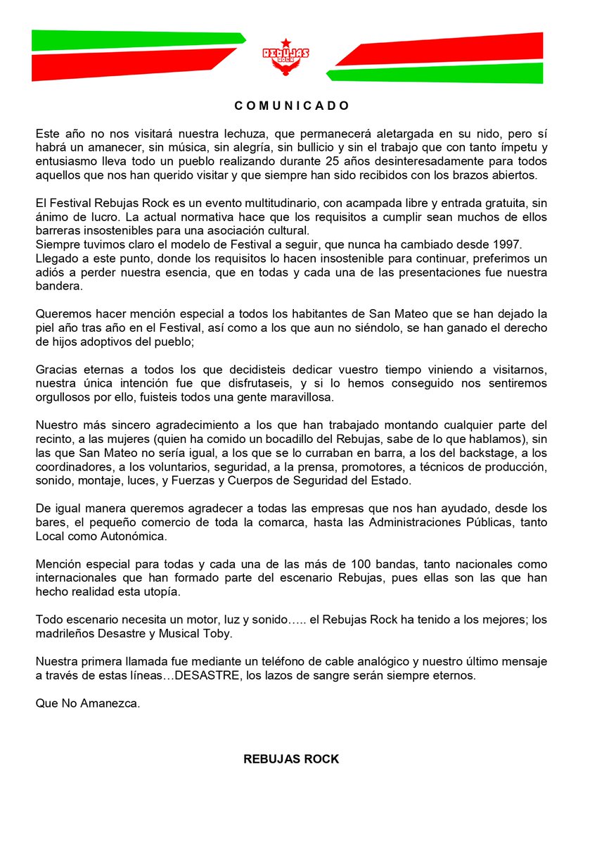 👉Lamentablemente ha llegado el momento que nunca quisimos... hoy tenemos que anunciar la no celebración del Rebujas Rock
👥Pero os queremos pedir un último favor con el hastag #YoSoyRebujas vamos a compartir todos los momentos que hemos vivido juntos.
QNA