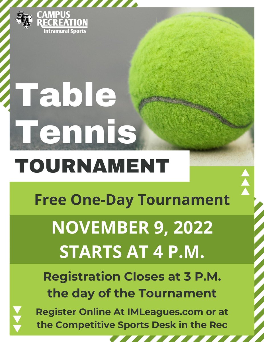 Want to test your skills at Table Tennis? Then come compete in the Table Tennis Tournament on next Wednesday, November 9th at the Campus Rec! Stop by the Competitive Sports desk for more information and register on IMLeagues.com.
