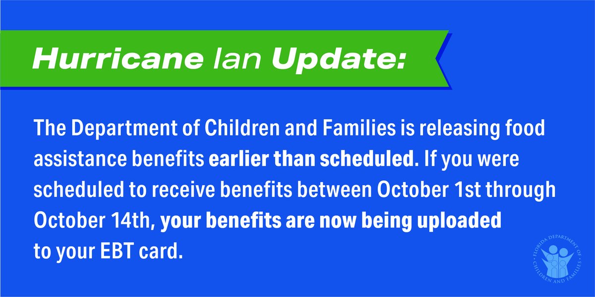 MyFLFamilies's tweet photo. SNAP Benefit Update: If you were scheduled to receive benefits between October 1st through October 14th, your benefits are now being uploaded to your EBT card. Check here for more information: https://t.co/RQZ8Y1aXR9 https://t.co/iJTPlU1aoX
