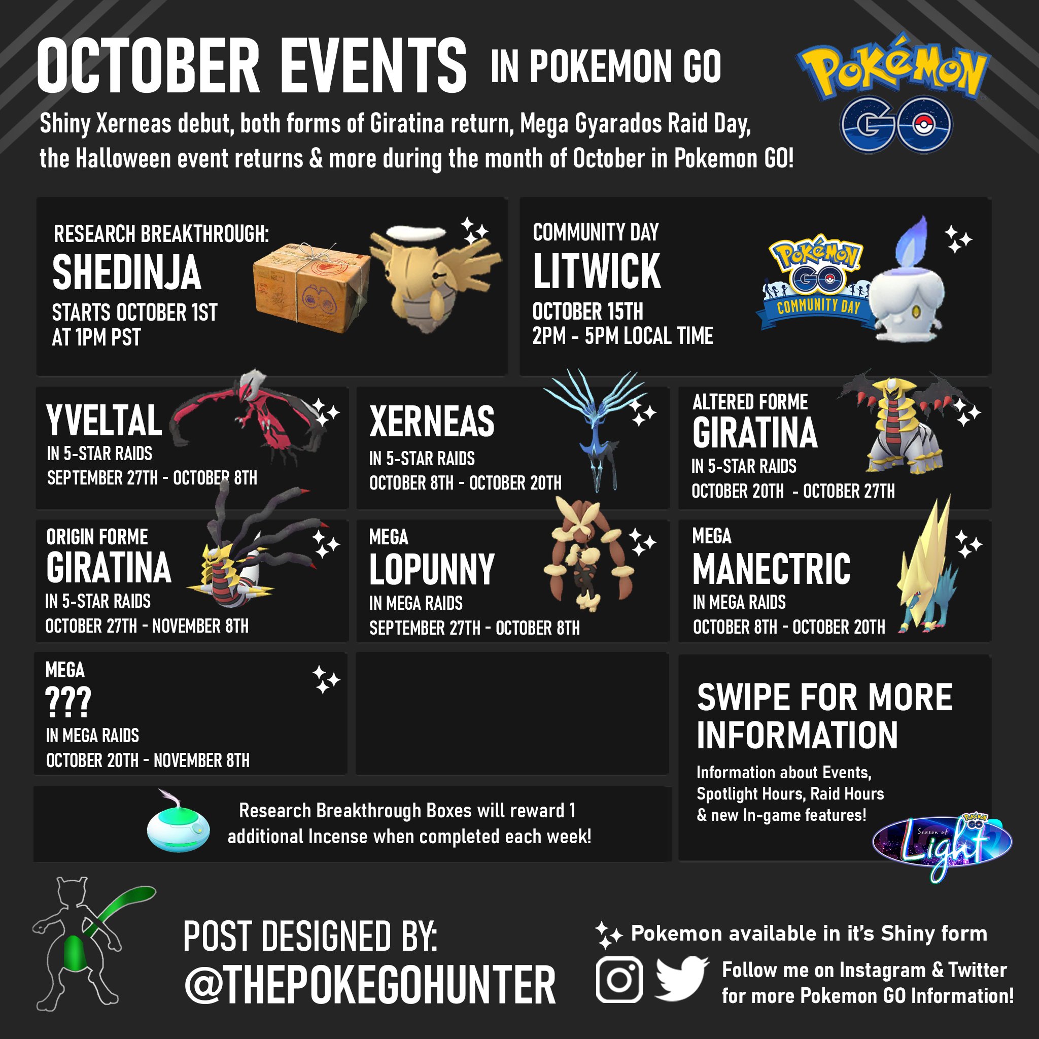 The Poke GO Hunter on X: SHINY SHEDINJA! Here's a look at the upcoming  features coming in October to Pokemon GO! Shiny Xerneas, both forms of  Giratina, the Halloween event & more