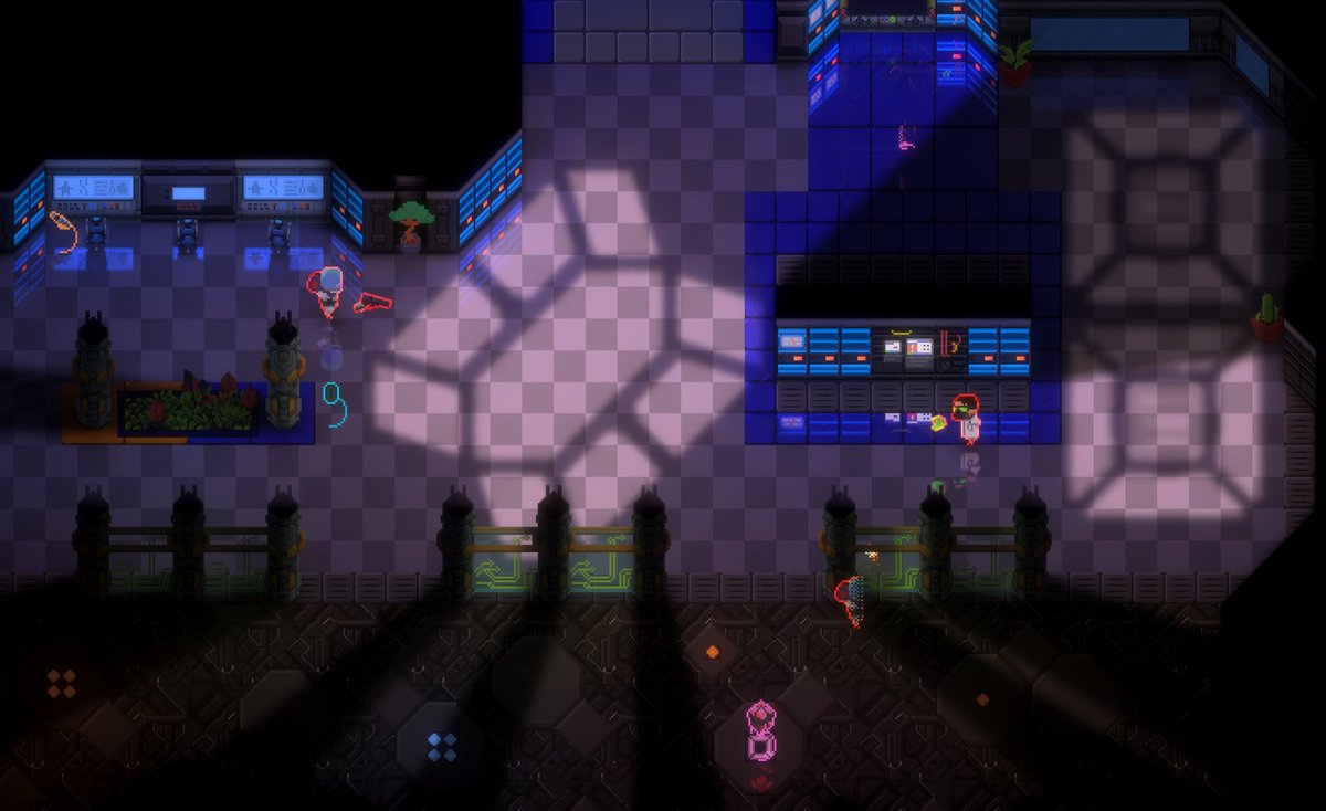 LucasVarneyDev's tweet photo. I surprised myself while playtesting #NBTDS the other day--somehow I forgot that I programmed our realtime global illumination system to react to things like blood, etc on the floor. 

Here, bounce lighting from the skylight is tinted by the blood, painting the room red. https://t.co/pR5EEgLNa0