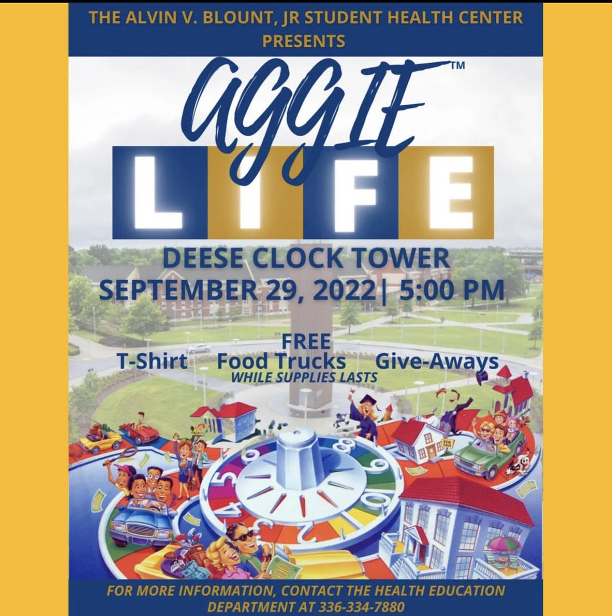 ncatshc's tweet photo. Do you have what it takes to win the Game of Life?! Meet us at the Clock Tower on Sept. 29th at 5pm to choose a path of action and experience the life of an Aggie! Free T-Shirts and Food Truck treats are on a first come first serve basis!

#NCAT #NCATSHC #AGGIELIFE #NCAT https://t.co/gsYxql8zhs