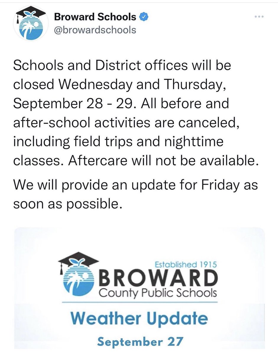 SilverShoresK8's tweet photo. Please read updated storm information for Tuesday, September 27, 2022 from Broward Schools. https://t.co/jumBs5xh1N