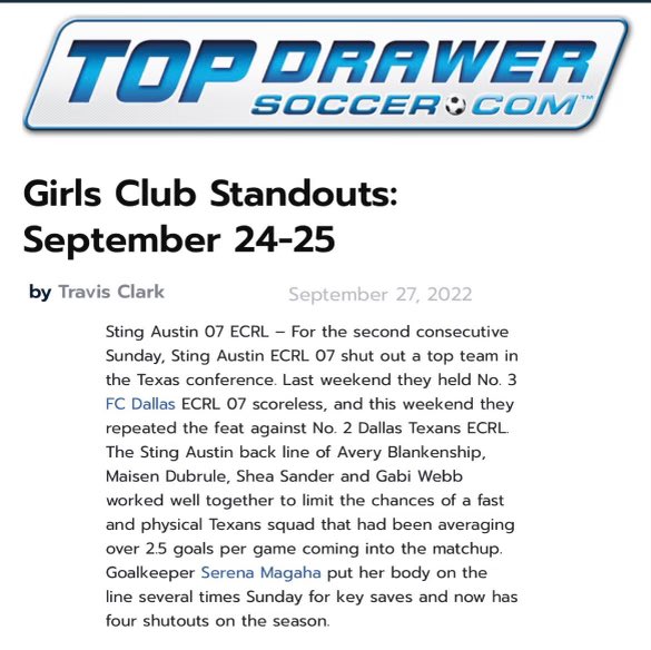 2 great shutouts to top ranked teams!!
<a href="/serena_gk/">Serena Magaha 2025 GK</a> <a href="/MaisenDubrule/">Maisen Dubrule</a> 

<a href="/sting_austin/">Sting Austin</a> <a href="/TopDrawerSoccer/">TopDrawerSoccer</a>