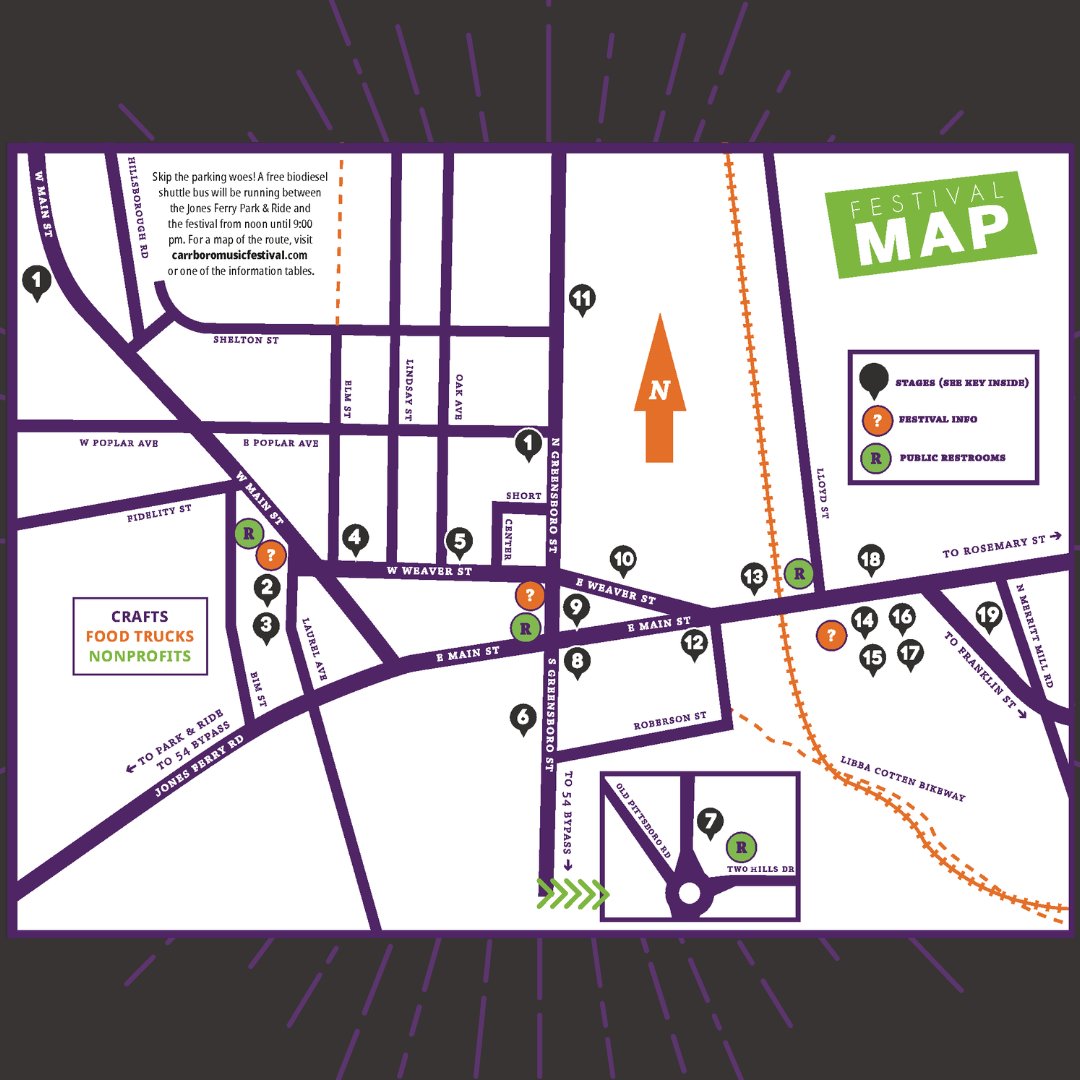 The 25th annual Carrboro Music Festival will be held Sunday, Oct. 2.  at 1pm. Free w/no tickets required. 
🎵19 locations around town🎵100+ acts🎵
🎸carrboromusicfestival.com 

<a href="/CatsCradleNC/">Cat's Cradle</a> <a href="/NCArtsCouncil/">NC Arts Council</a> <a href="/WeaverStreet/">Weaver Street Market</a> <a href="/StationCarrboro/">The Station</a> <a href="/SteelStringBrew/">Steel String Brewery</a> <a href="/DingoDogBrewing/">Dingo Dog Brewing Co</a> #localmusic