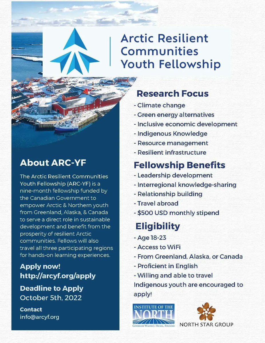 alaskaepscor's tweet photo. The Arctic Resilient Communities Youth Fellowship seeks 18-23 year-olds from Northern Alaska for its 2022-23 cohort. Fellows engage in community-based research, including both online workshops and visits to Alaska, Canada and Greenland. Deadline Oct. 5. https://t.co/T0kJVIMLe2 https://t.co/Rzo8LcqMaB
