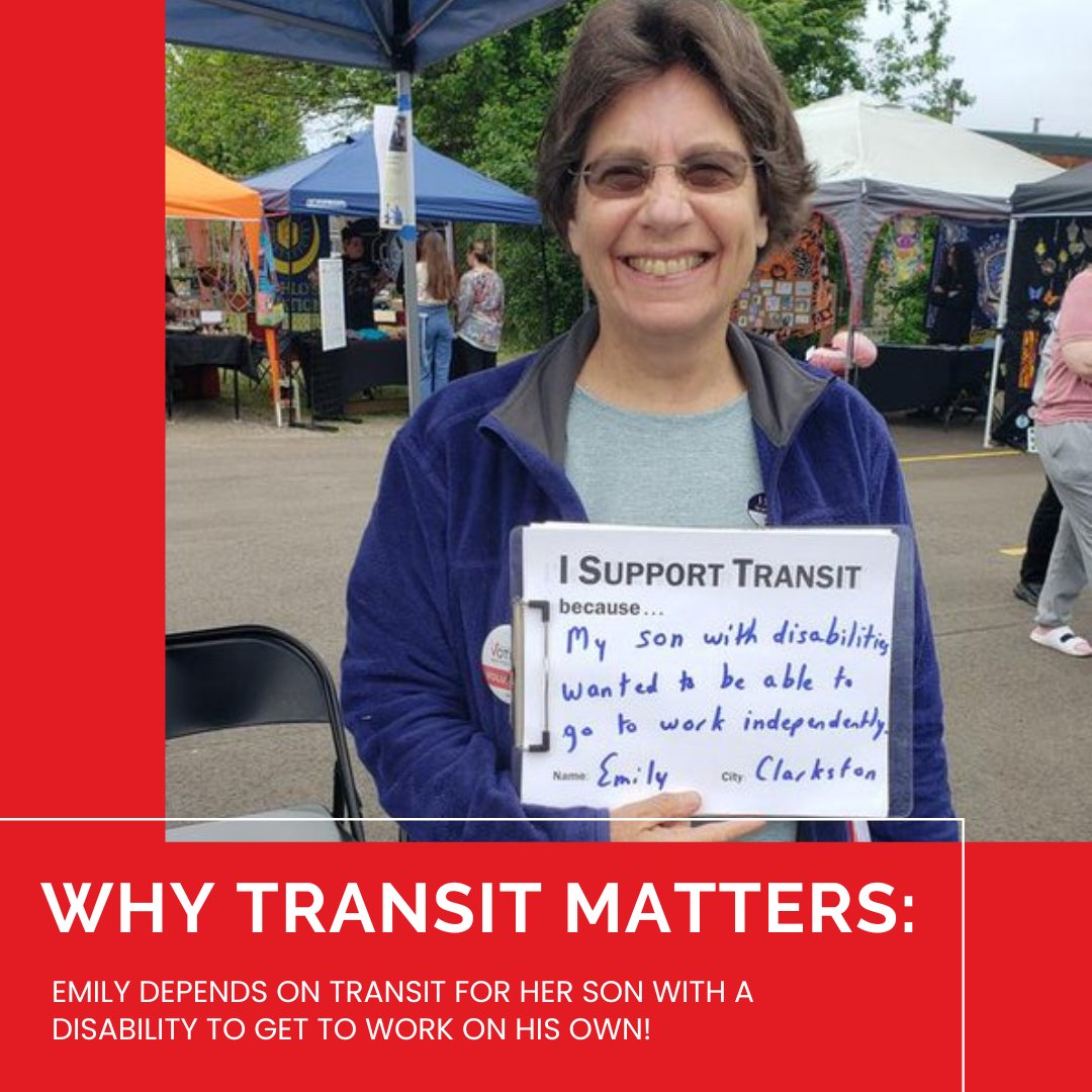DetroitTransit's tweet photo. Why does transit matter to Emily? 

It allows her son with a disability to travel to work on his own! 

#TransitIsEssential #TransitMatters #MichiganTransit https://t.co/5qO4y0yyX8