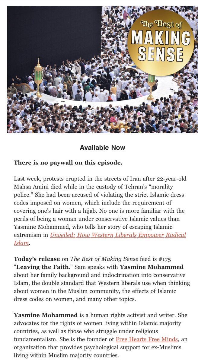 If you have not yet listened to my podcast w @SamHarrisOrg, you can listen to it now. The paywall has been removed.

Thank you, Sam, for your consistent support of women despite the unhinged attacks. It’s so sad it had to take the loss of #MahsaAmini before ppl could finally see.