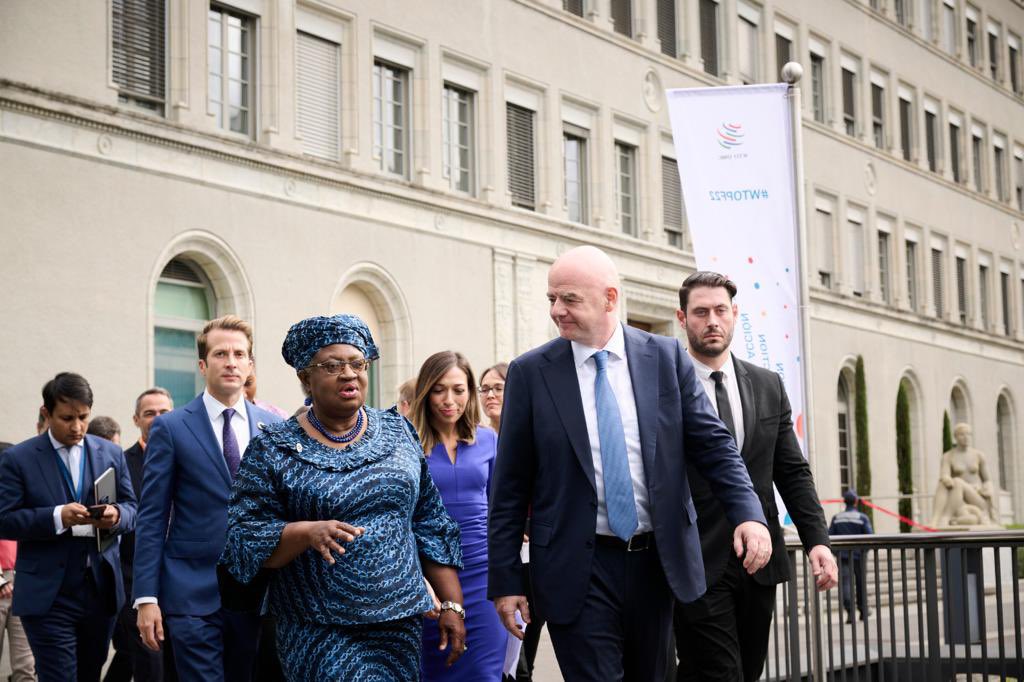 NOIweala's tweet photo. Today @FIFAcom &amp; @wto signed an MOU to translate football’s $268 bil economy into an instrument to help Africa’s Cotton growing four (plus) Benin, Burkina Faso, Chad, Niger, Côte d’Ivoire become part of sportswear global value chains! W/FIFA President Infantino @wto Public Forum. https://t.co/mPZxdIQEOY