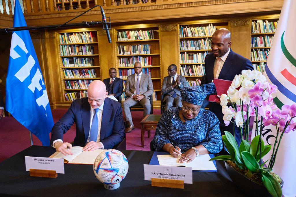 NOIweala's tweet photo. Today @FIFAcom &amp; @wto signed an MOU to translate football’s $268 bil economy into an instrument to help Africa’s Cotton growing four (plus) Benin, Burkina Faso, Chad, Niger, Côte d’Ivoire become part of sportswear global value chains! W/FIFA President Infantino @wto Public Forum. https://t.co/mPZxdIQEOY