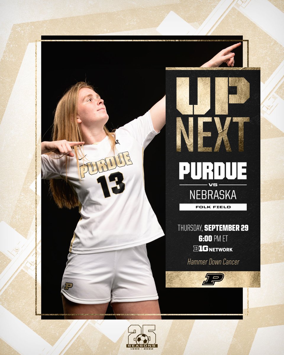 Under the Folk Field lights on Thursday!

📅 Thursday, September 29
🆚 Nebraska
🏟 Folk Field 🏡
🕕 6 pm ET
🆓 Free Admission
🎗️ Hammer Down Cancer

#BoilerUp 🚂⚽️
