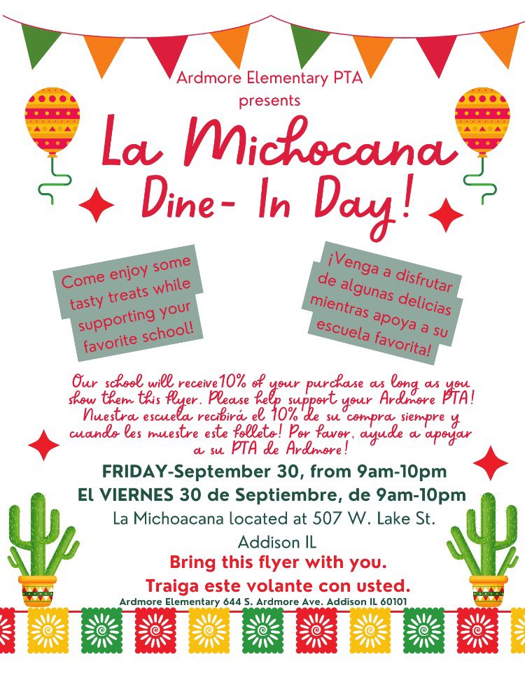 Please consider supporting our Ardmore’s PTA this coming Friday Sept. 30th…stop by La Michoacana on Lake St. and show them this flyer💚 <a href="/AddisonSD4/">Addison School District 4</a> <a href="/ardmoreschool4/">Ardmore School</a> @AddisonELC <a href="/FullertonASD/">Fullerton Elementary School</a> <a href="/LakeParkASD4/">Lake Park Elementary School</a> <a href="/Wesleyasd4/">Wesley School</a> <a href="/StoneSchool4/">Stone School</a> <a href="/lincolnasd4/">Lincoln School</a> <a href="/itbebrave/">Indian Trail</a> <a href="/ArmyTrailASD4/">ArmyTrail #gobeavers</a>