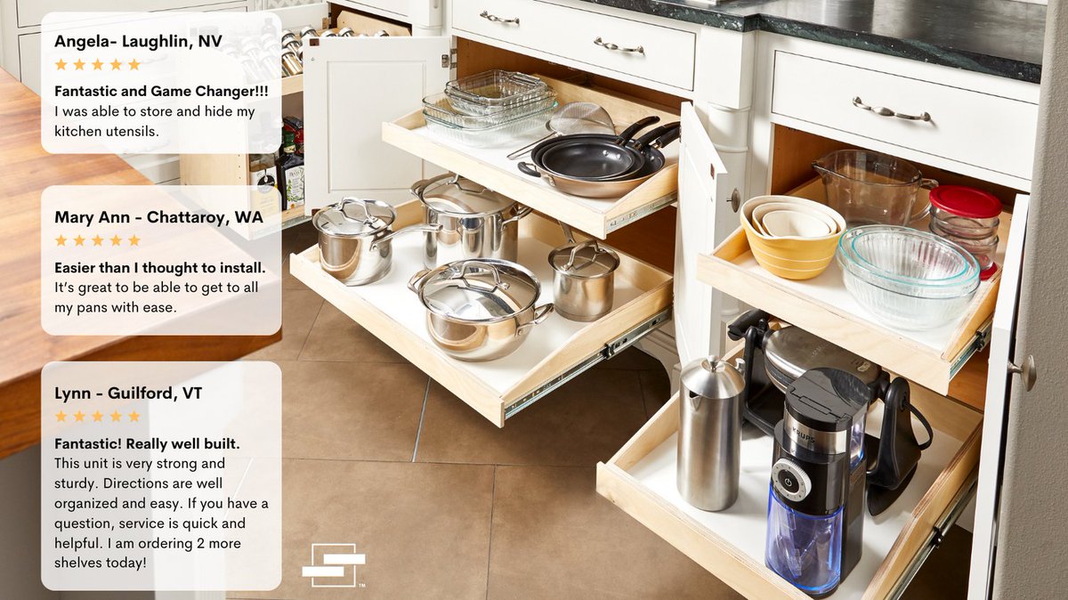 SlideAShelfUSA's tweet photo. Thank you Angela, Mary Ann and Lynn for business and your glowing reviews! We're so happy you love your new Slide-A-Shelf products!
#pantryorganization #pantry #kitchendesign #kitchencabinets #slideoutshelf #pulloutdrawers #cabinet #cabinetorganization https://t.co/qpTFxuWiwr