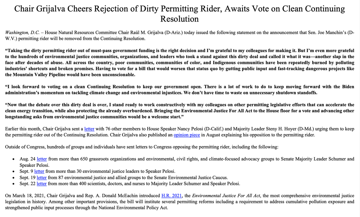 Chair <a href="/RepRaulGrijalva/">Raul M. Grijalva</a>'s statement on the announcement that the permitting rider will be removed from the Continuing Resolution ⬇️