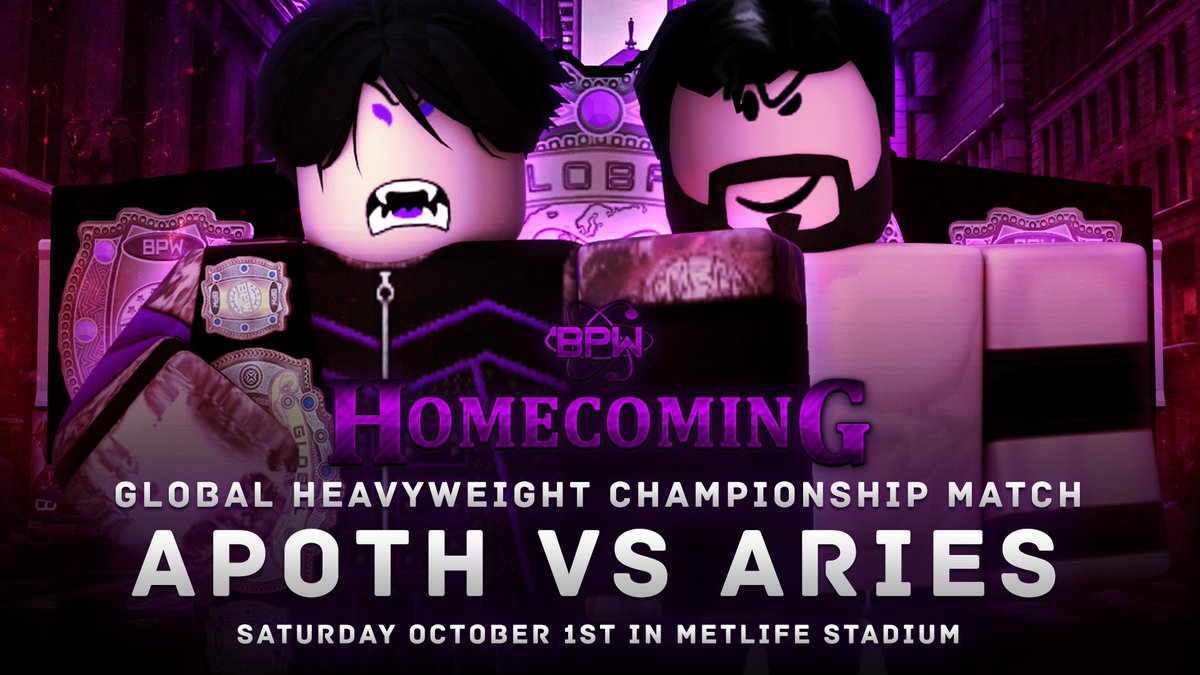 BPW_RBLX's tweet photo. This Saturday, #ChrisApoth is scheduled to defend his Global Championship!
His opponent? His good friend, @AndrewxADx!
Arguably one of the most prestigious titles in the fed's history, who will go home with the gold? https://t.co/CakXv4pyeC