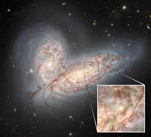 usngo's tweet photo. This week’s image is of Supernova 2020fqv! @GeminiObs GMOS-N captured this supernova peaking out of the dramatic merger between two spiral galaxies. Check out the 🧵 for more supernovae paper highlights! @NOIRLabAstro @NOIRLabAstroES @AURADC https://t.co/6bRsckK8q7