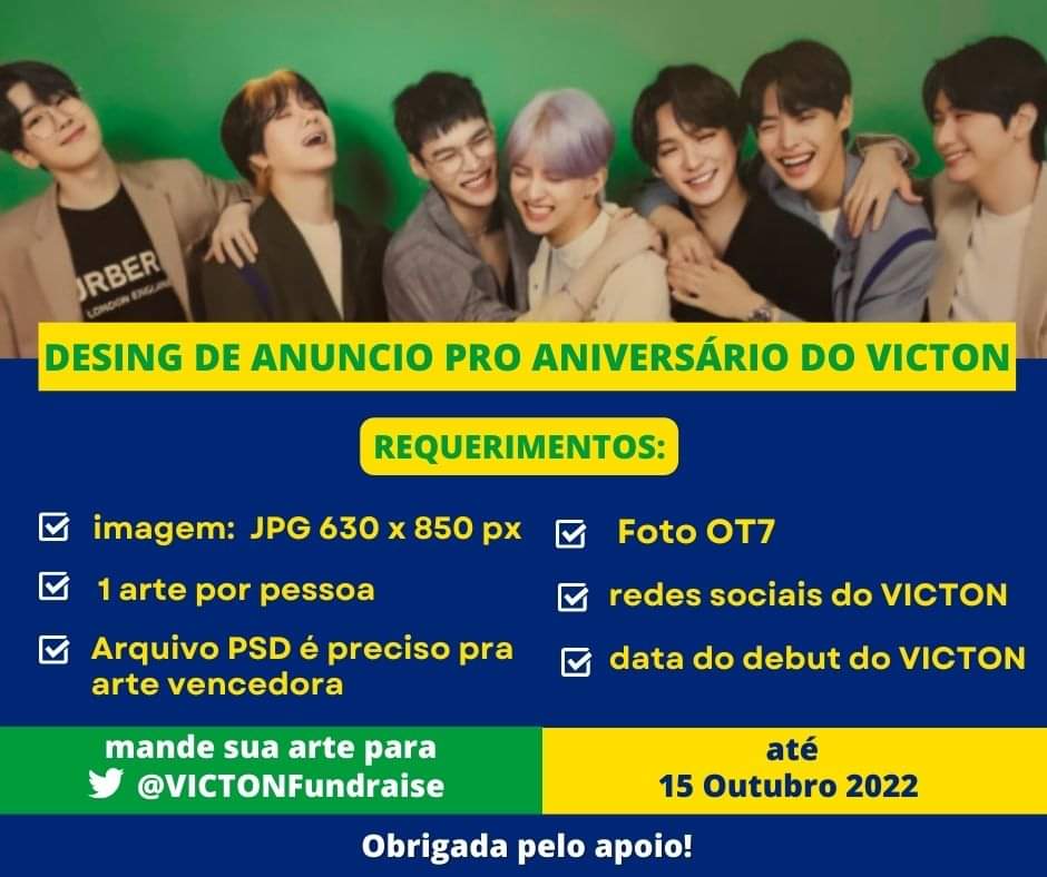 📢 PLS RT ALICEs, mostre sua criatividade &amp; ajude no design pro aniversário de debut do #VICTON no Idolchamp.
🖼️ JPG: 630 x 850 px
✅ Foto ot7, data de debut e redes sociais do #빅톤 devem estar inclusas.
📅 Mandar até: 15/10
📨 1 Design por pessoa