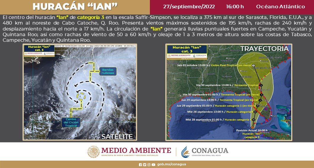 conagua_clima's tweet photo. Esta tarde, el #Huracán #Ian de categoría 3, se ubica aproximadamente a 480 km al noreste de Cabo Catoche, #QuintanaRoo. 

Más detalles 👇 https://t.co/zo9g9Mbhl6