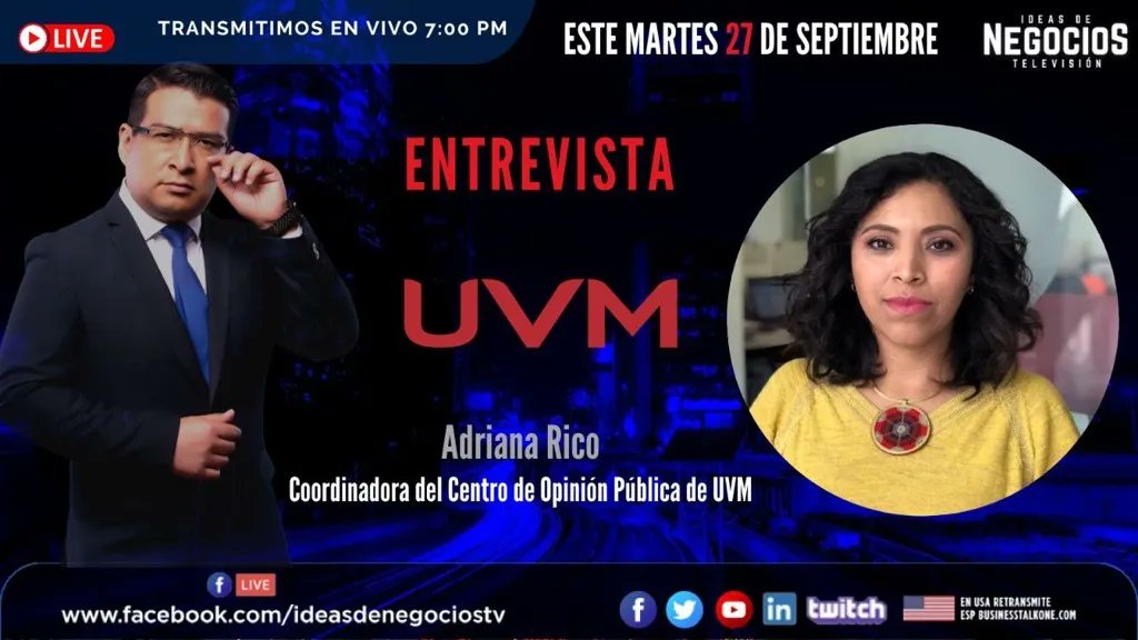 CopUVM's tweet photo. ¡No te pierdas este martes a las 7pm la entrevista del #COPUVM en @IdeasNegociosTV ! Estaremos hablando sobre los resultados de la Encuesta Nacional de Egresados 2022 https://t.co/2CsKzGSLgC