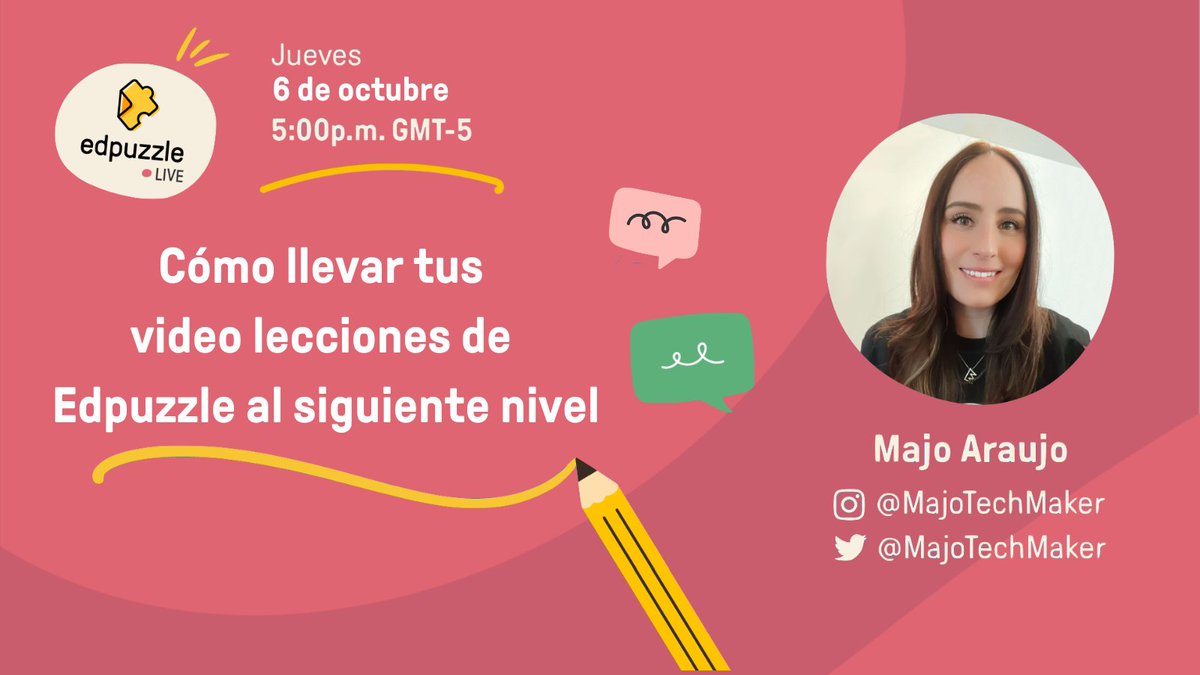Edpuzzle (español) (@edpuzzle_es) on Twitter photo ¡Es momento de llevar tus video lecciones de Edpuzzle al siguiente nivel! 💛🧩
Únete con Edpuzzle y <a href="/MajoTechMaker/">Majo Araujo</a>, para enseñarte cómo elevar el impacto de tus video lecciones de Edpuzzle.
🗓 Jueves 6 de Octubre, 2022
⏰ 5:00 p.m. GMT-5
🔗 Regístrate en bit.ly/3DYYfxJ ¡Es momento de llevar tus video lecciones de Edpuzzle al siguiente nivel! 💛🧩
Únete con Edpuzzle y <a href="/MajoTechMaker/">Majo Araujo</a>, para enseñarte cómo elevar el impacto de tus video lecciones de Edpuzzle.
🗓 Jueves 6 de Octubre, 2022
⏰ 5:00 p.m. GMT-5
🔗 Regístrate en bit.ly/3DYYfxJ
