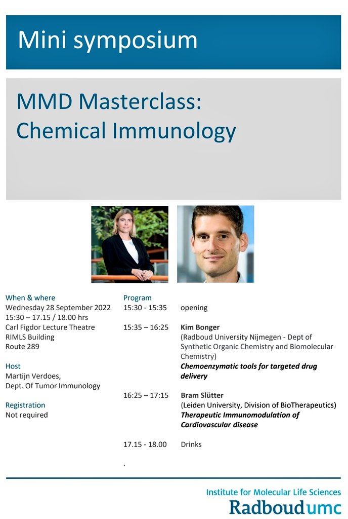 Martijn Verdoes (@verdoesm) on Twitter photo Very excited to host Bram Slütter and @kimbonger tomorrow on the first day of the MMD Chemical Immunology master class mini-symposium <a href="/TIL_Radboudumc/">Tumor Immunology Radboudumc Nijmegen Netherlands</a> <a href="/RIMLSInstitute/">RIMLS Institute</a> <a href="/radboudumc/">Radboudumc</a> <a href="/ICI_NL/">Institute for Chemical Immunology</a> Join us and spread the word! Very excited to host Bram Slütter and @kimbonger tomorrow on the first day of the MMD Chemical Immunology master class mini-symposium <a href="/TIL_Radboudumc/">Tumor Immunology Radboudumc Nijmegen Netherlands</a> <a href="/RIMLSInstitute/">RIMLS Institute</a> <a href="/radboudumc/">Radboudumc</a> <a href="/ICI_NL/">Institute for Chemical Immunology</a> Join us and spread the word!