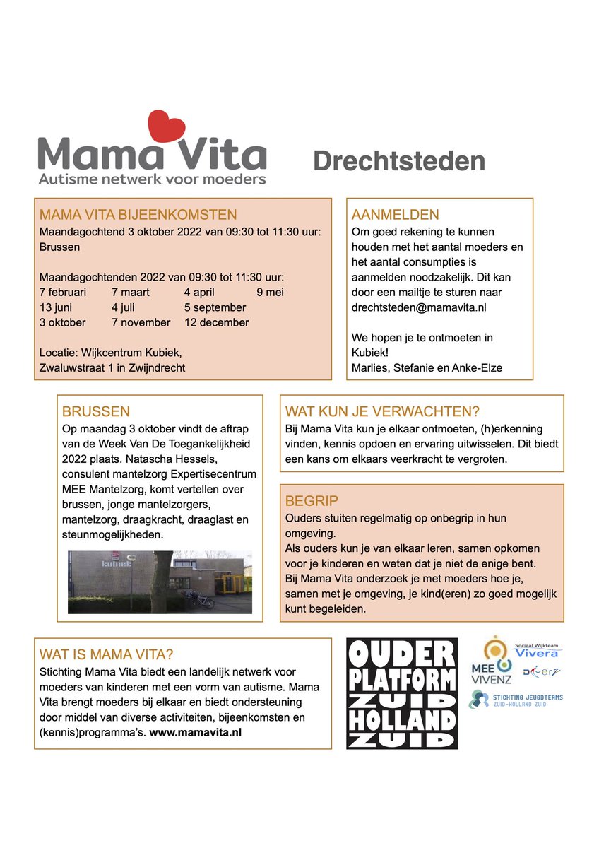 Op 3 oktober is de aftrap van de Week van de Toegankelijkheid. Met als kern: Gewoon welkom.

Ook bij Mama Vita ben je Gewoon Welkom. Op 3 oktober is er van 9.30 tot 11.30 uur een bijeenkomst in Kubiek in Zwijndrecht.

Wees welkom, aanmelden kan via drechtsteden@mamavita.nl❣