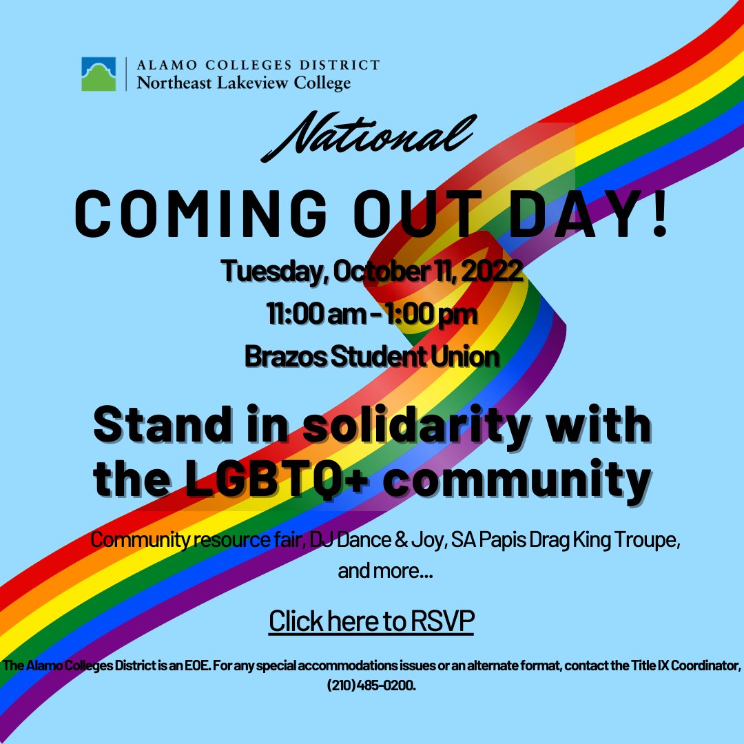 NLC_HSPrograms's tweet image. October 11th is #NationalComingOutDay and @NLCPR invites you to join us as we &quot;Stand in solidarity with the LGBTQ+ community!&quot; @HFTexas @EqualityTexas @PFLAGSA @ThriveYouthSA @BEATAIDS210 @PrideCenterSA @OutYouth @TravisParkSA