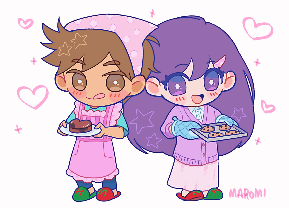1girl oven mitts brown hair 1boy food cookie purple eyes  illustration images